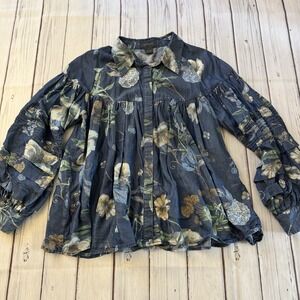 Gracia Floral Tencel Boho Peasant Blouse Pintuck Balloon Sleeve Women Large